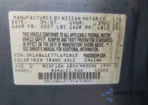 2007 Nissan Sentra 2.0 из США, поврежденный, VIN 3N1AB61E77L691815